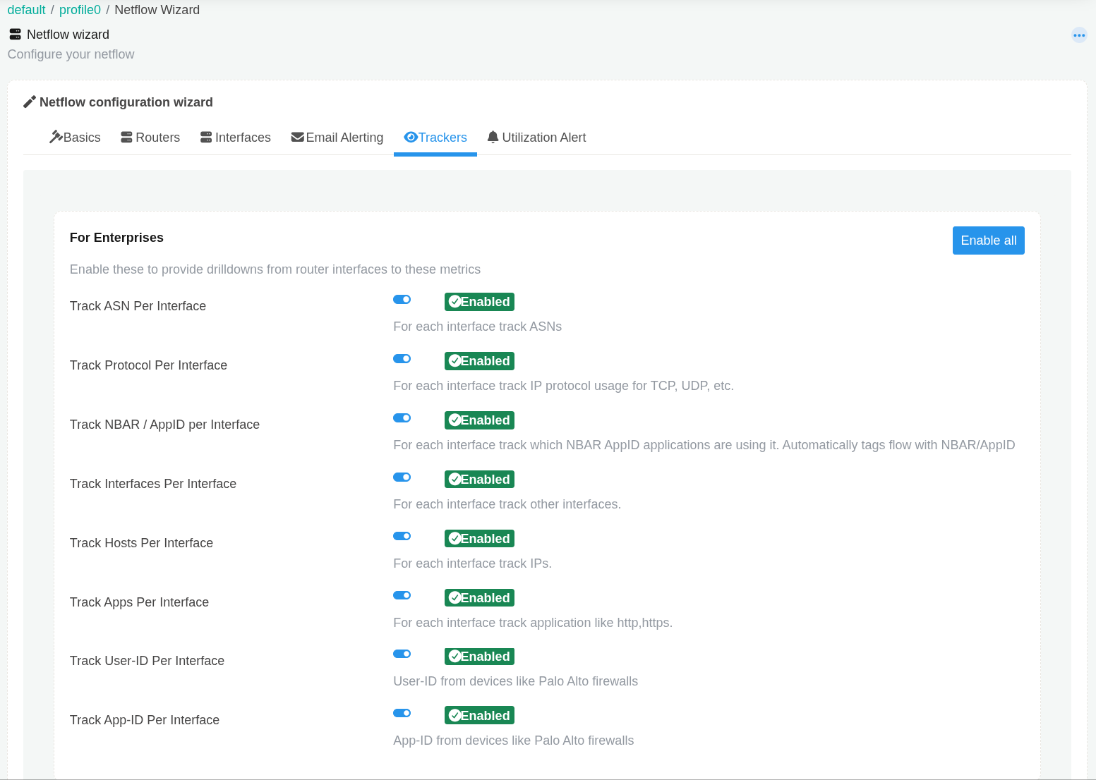 NetFlow Wizard Trackers tab: all eight For Enterprises trackers Enabled after mode selection