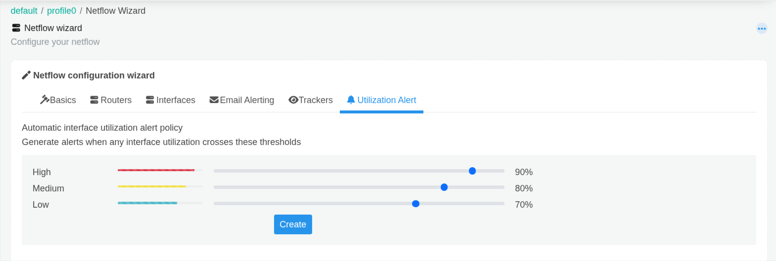 Utilization Alert tab with High 90%, Medium 80%, Low 70% and Create