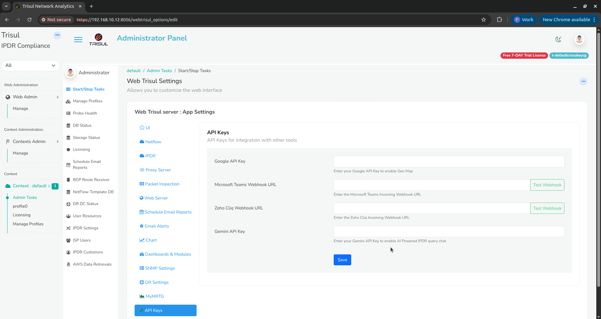 API Keys settings with the LLM fields