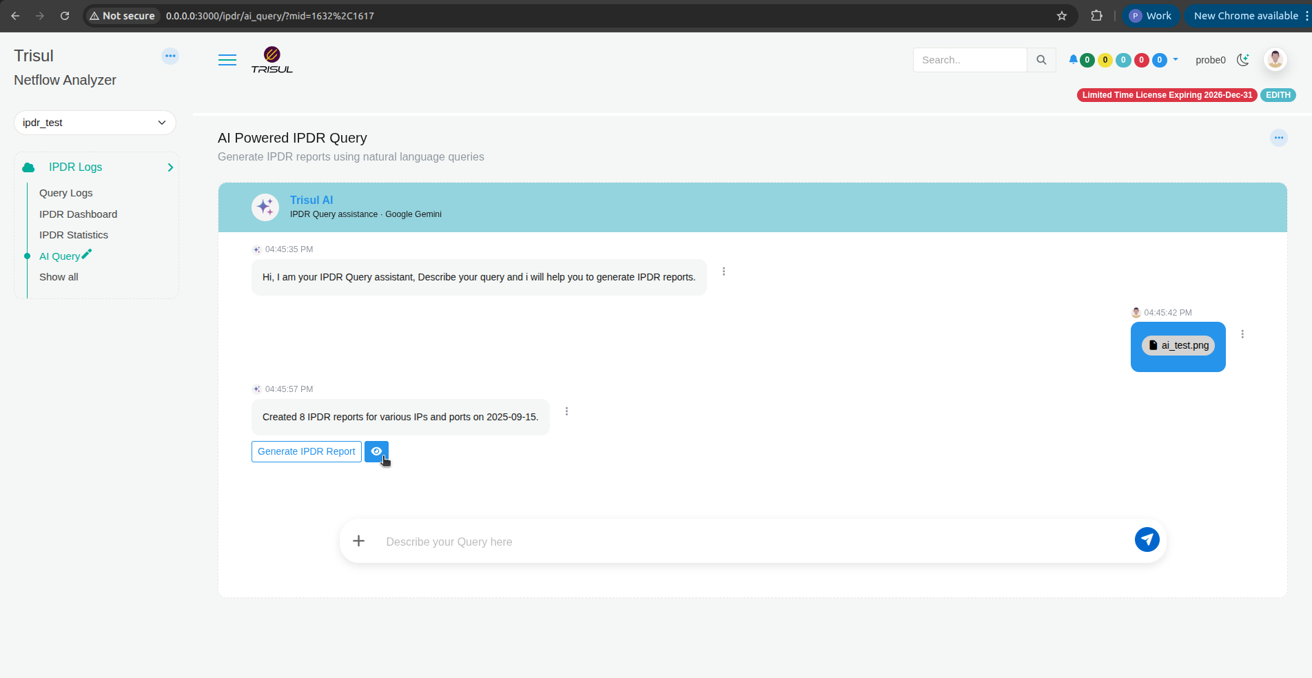 AI result with Generate IPDR Report and view buttons
