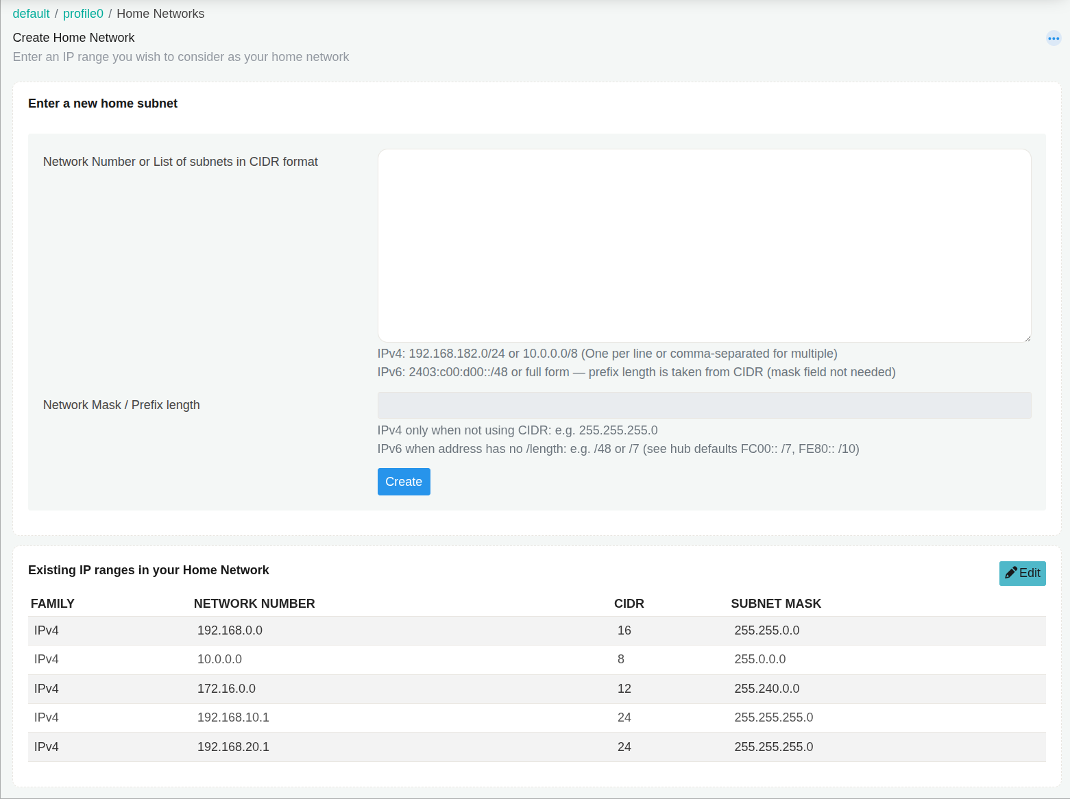 Create Home Network form