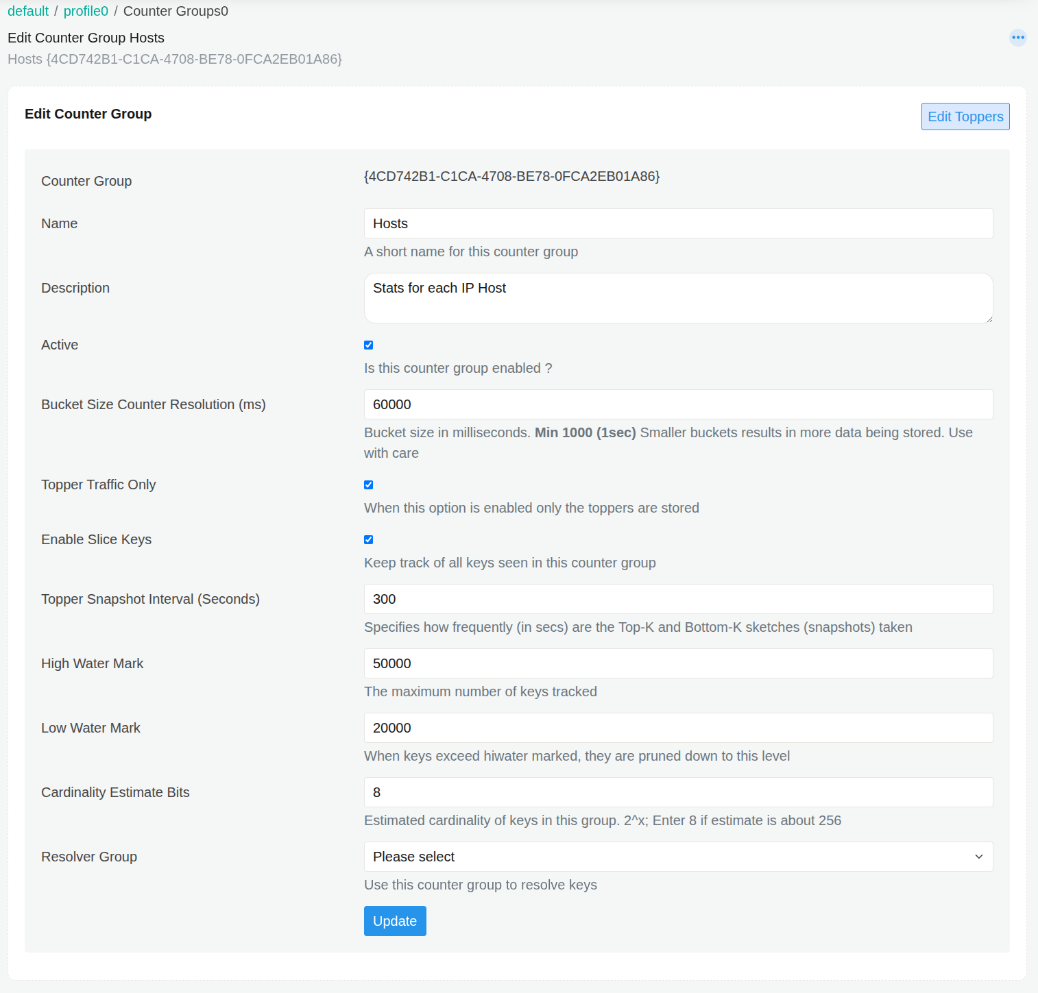 Edit Counter Group page for Hosts, Topper Traffic Only selected