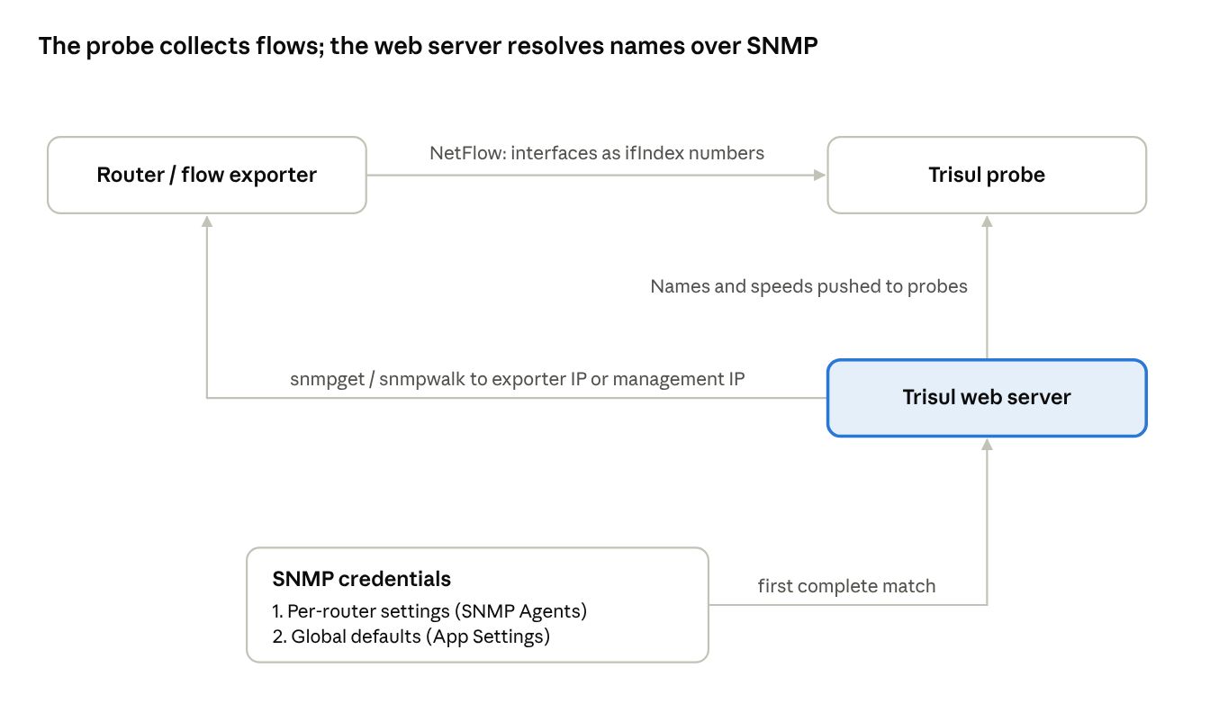 The probe collects flows; the web server resolves names over SNMP