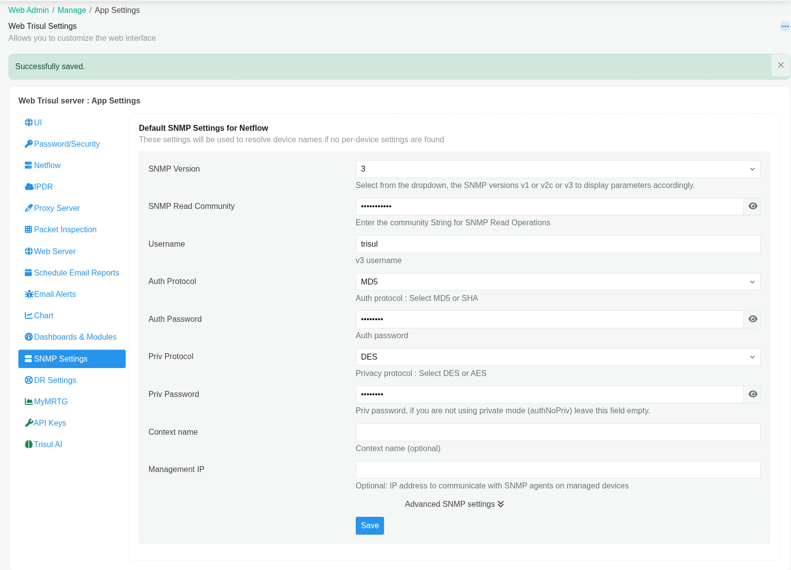 App Settings → SNMP Settings after Save, with SNMPv3 selected