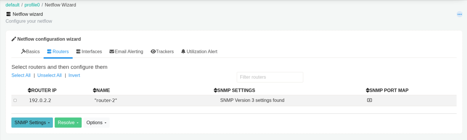 Netflow Wizard → Routers with the SNMP settings column
