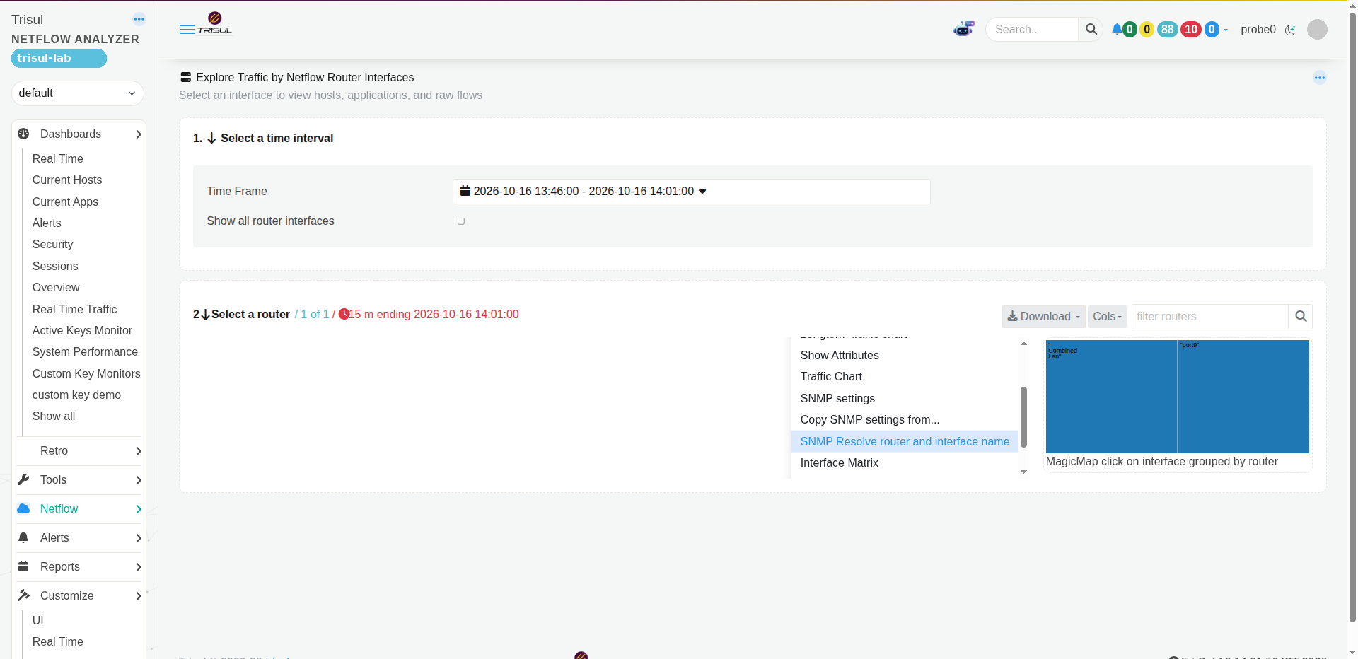 Router option menu with SNMP Resolve router and interface name