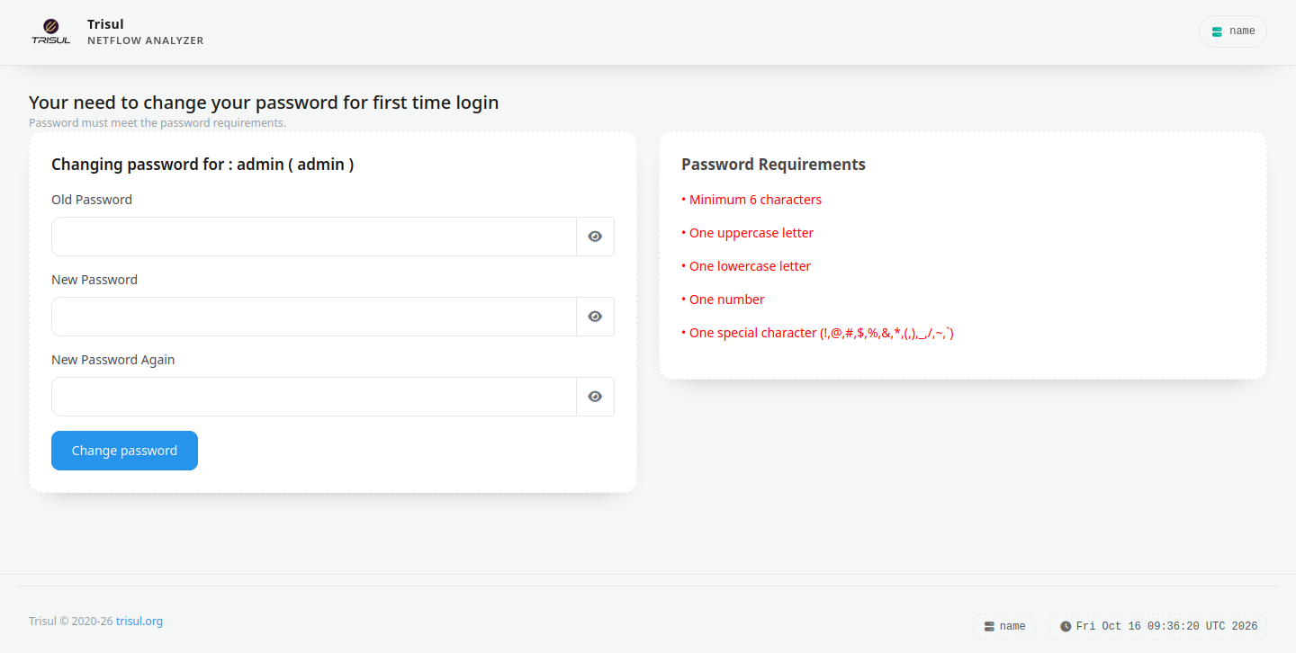 Change-password screen shown at first login